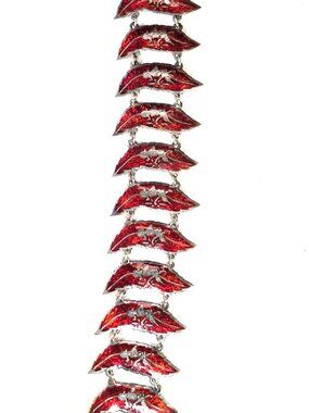 Vintage Siam Sterling Silver Red Enamel Articulated Leaf Link Bracelet - 8"